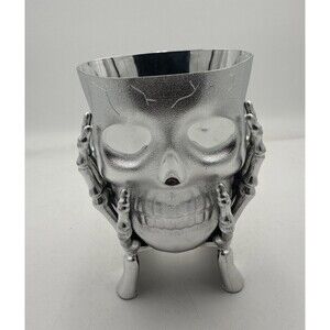 Halloween Skeleton Skull In Hands Candy Planter Bowl Silver Tone NWT 5” X 7”